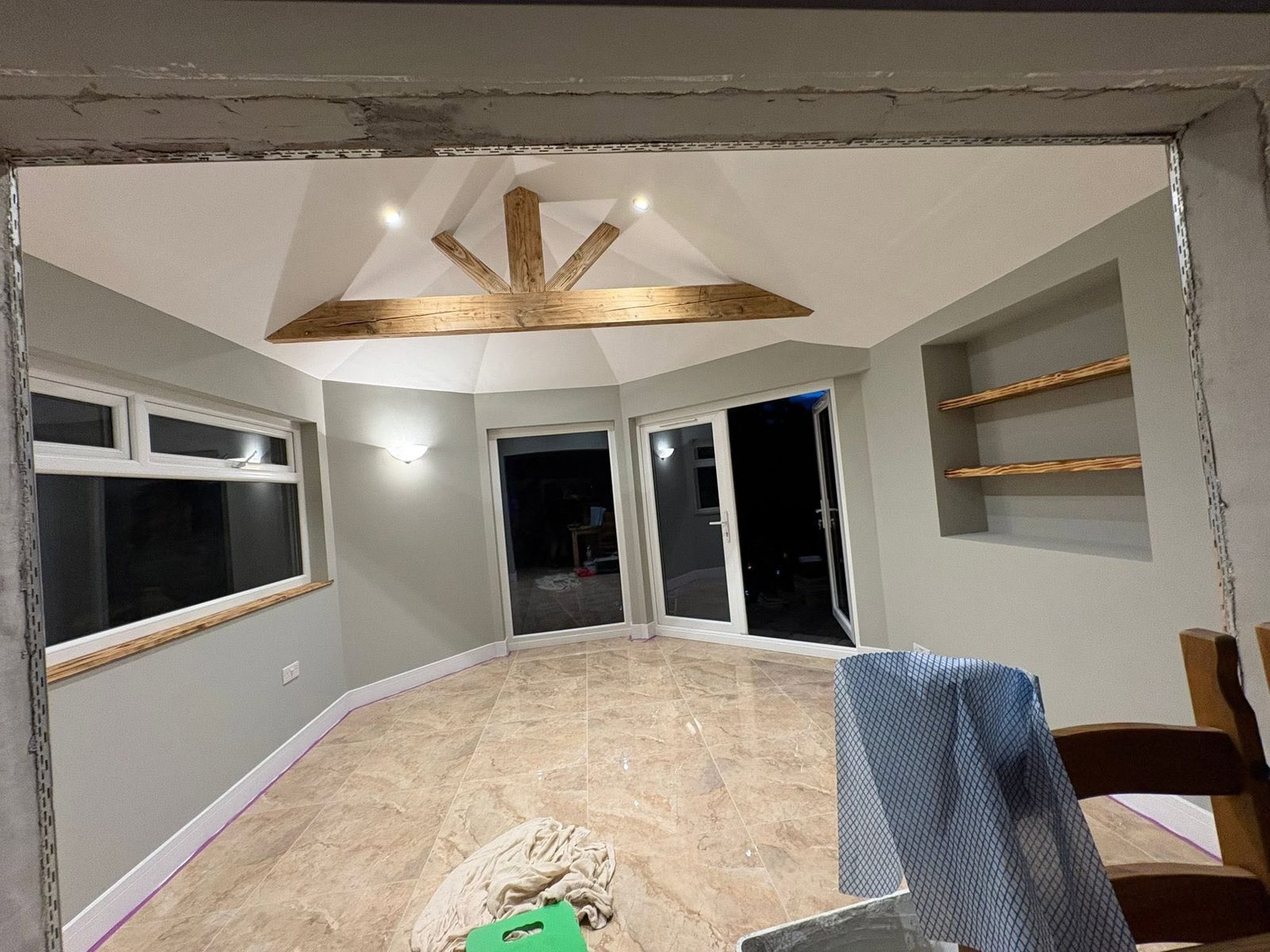Conservatory conversion with solid slate roof and oak king-post truss, Langland
