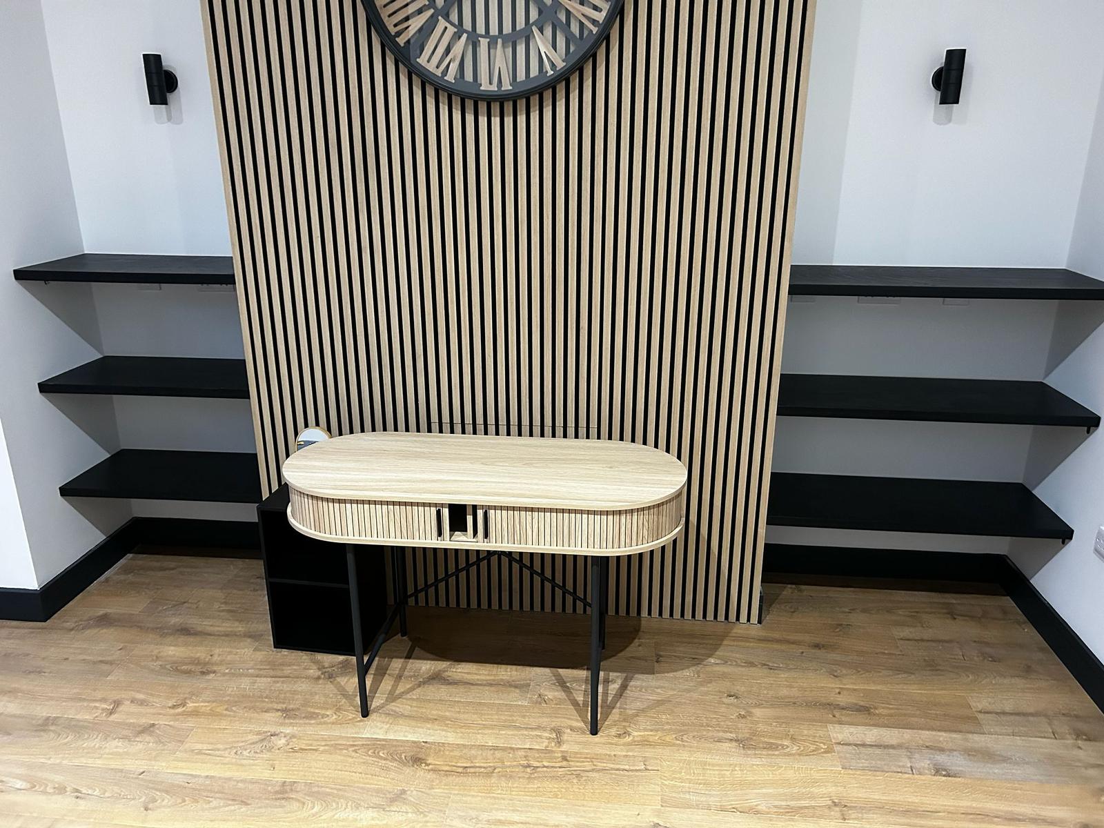 Slatted oak feature wall and bespoke joinery, property maintenance and joinery in Gower